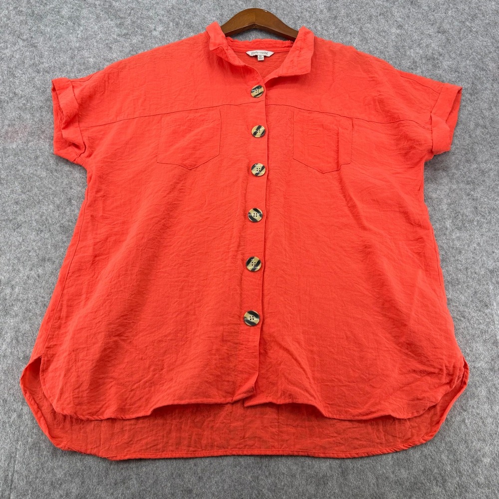 John Mark Womens XL Coral Orange Button Down Short Sleeve Cuffed Shirt Pockets
